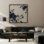 Navy Cream Blossoms Canvas Art - Square – Walnut Floating Frame in room setting
