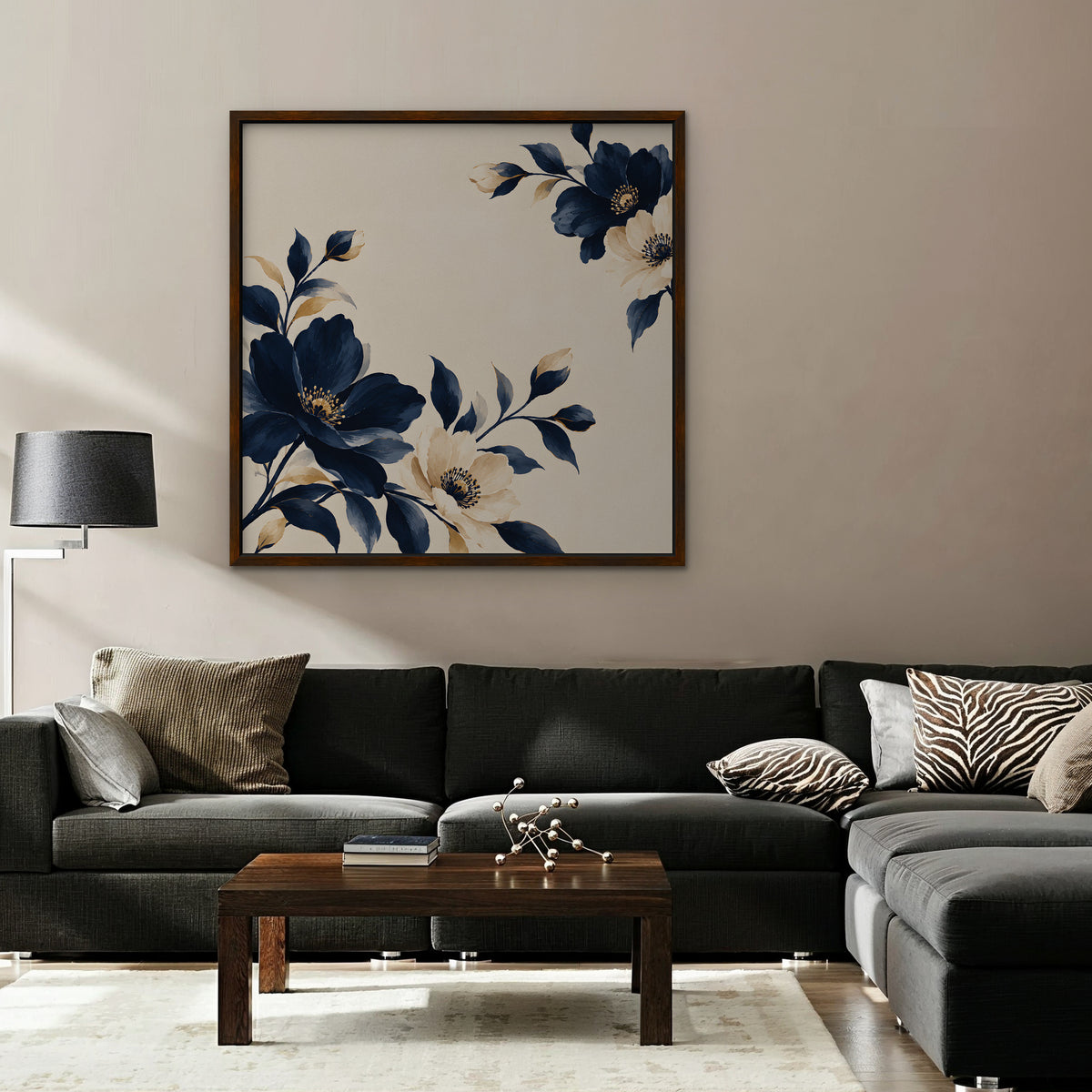 Navy Cream Blossoms Canvas Art - Square – Walnut Floating Frame in room setting