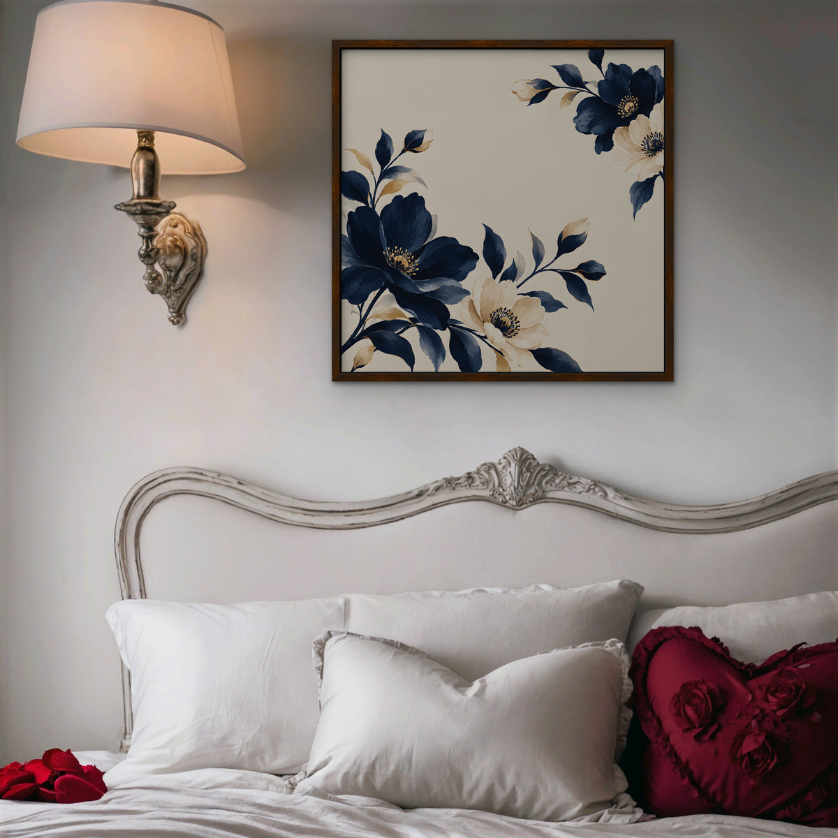 Navy Cream Blossoms Canvas Art - Square – Walnut Floating Frame in room setting