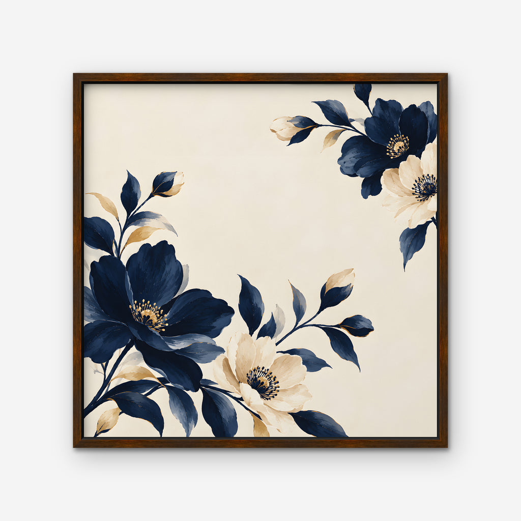 Navy Cream Blossoms Canvas Art - Square – Walnut Floating Frame on white background