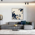 Navy Cream Blossoms Canvas Art - Square – White Floating Frame in room setting