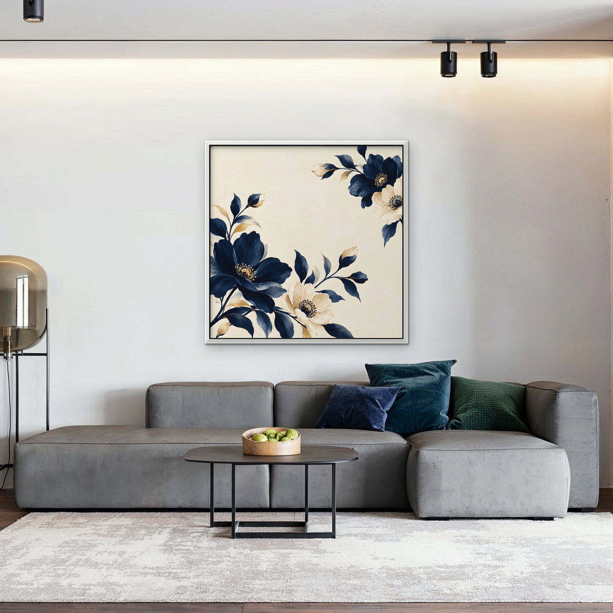 Navy Cream Blossoms Canvas Art - Square – White Floating Frame in room setting
