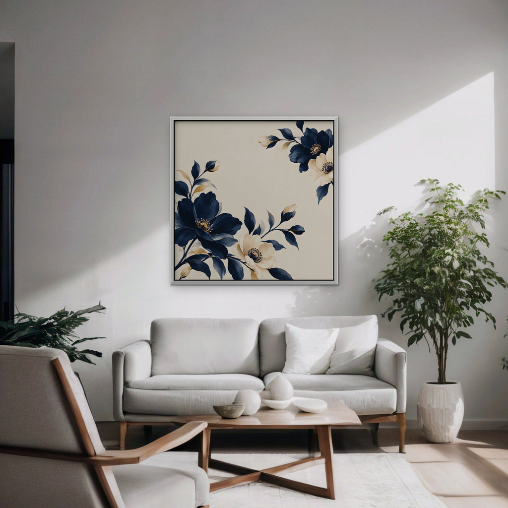 Navy Cream Blossoms Canvas Art - Square – White Floating Frame in room setting