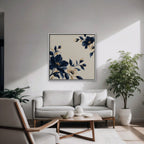Navy Cream Blossoms Canvas Art - Square – White Floating Frame in room setting