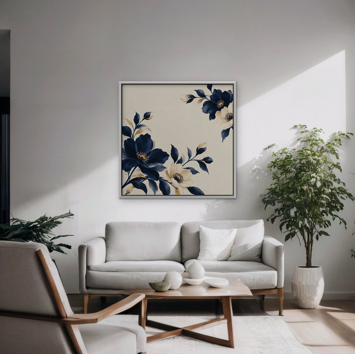Navy Cream Blossoms Canvas Art - Square – White Floating Frame in room setting