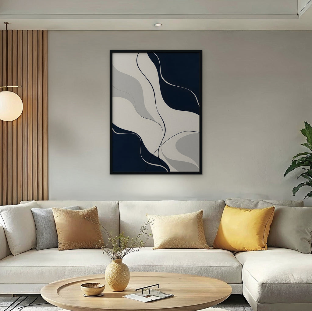 Navy Flow Canvas Art - Vertical – Black Floating Frame in room setting