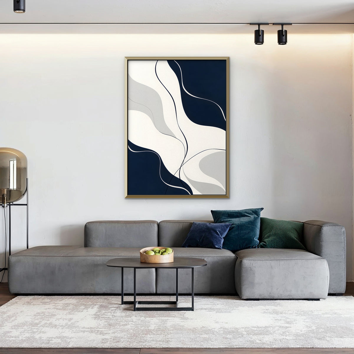 Navy Flow Canvas Art - Vertical – Gold Floating Frame in room setting