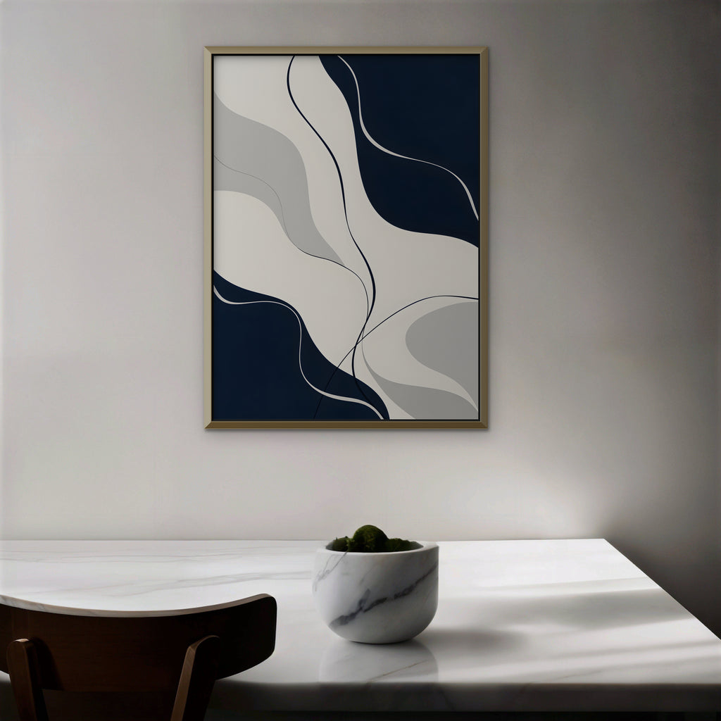 Navy Flow Canvas Art - Vertical – Gold Floating Frame in room setting