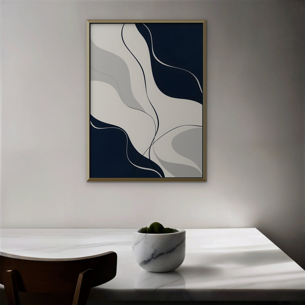 Navy Flow Canvas Art - Vertical – Gold Floating Frame in room setting