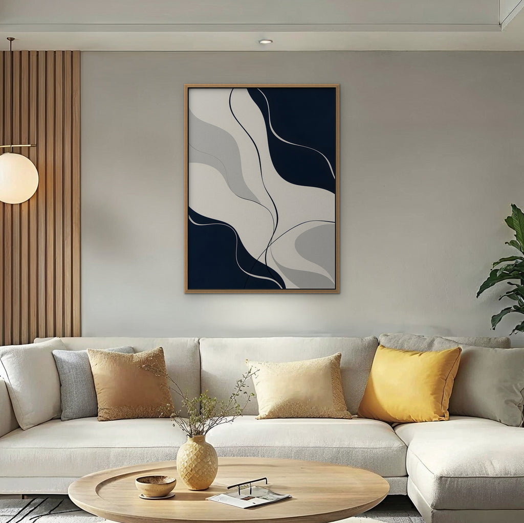 Navy Flow Canvas Art - Vertical – Oak Floating Frame in room setting