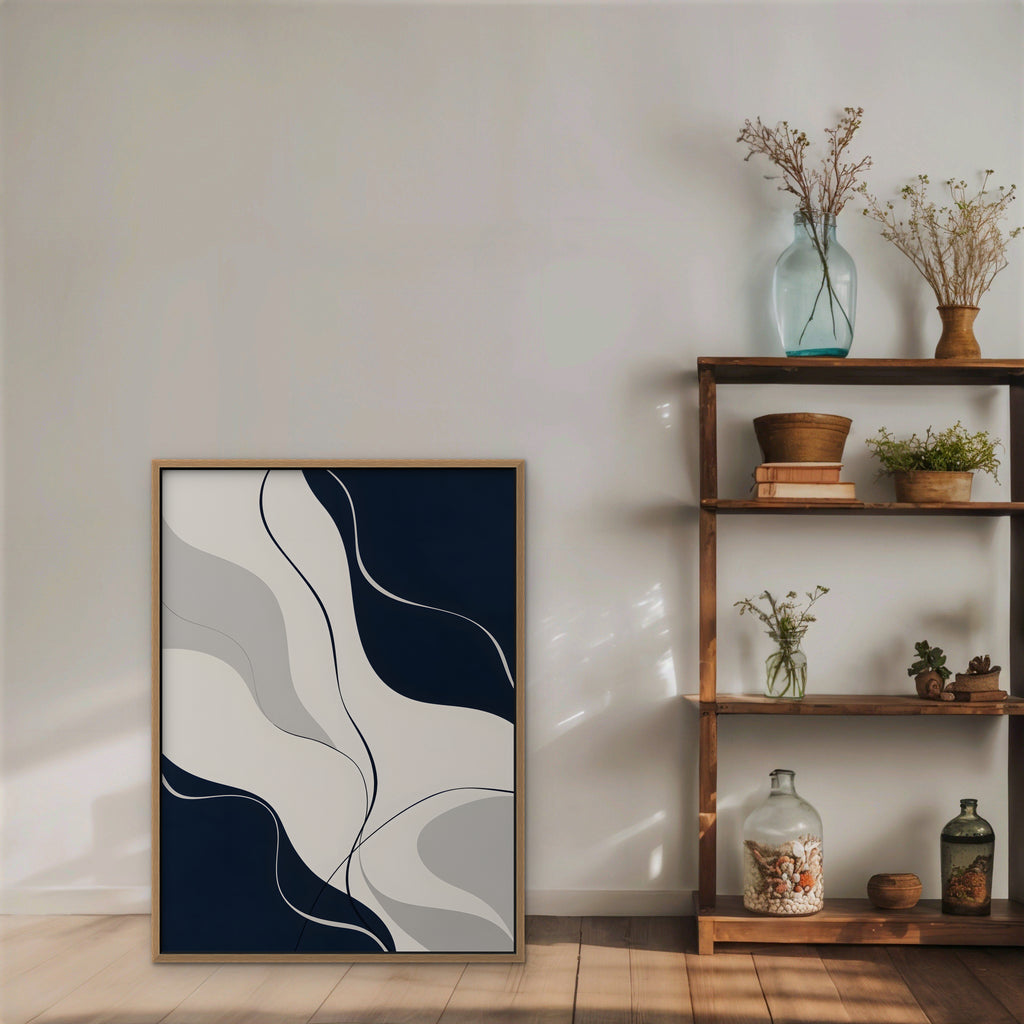 Navy Flow Canvas Art - Vertical – Oak Floating Frame in room setting