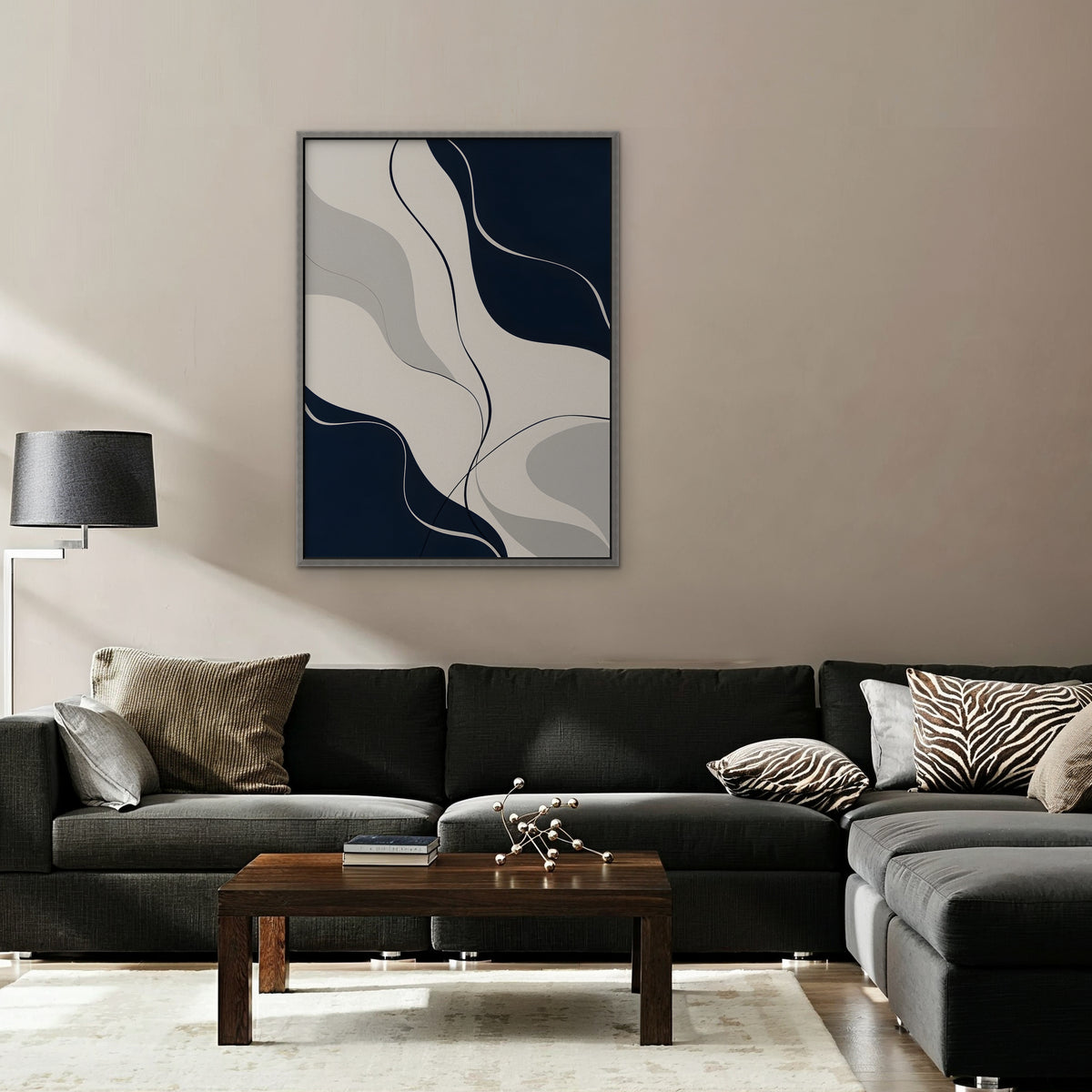 Navy Flow Canvas Art - Vertical – Silver Floating Frame in room setting