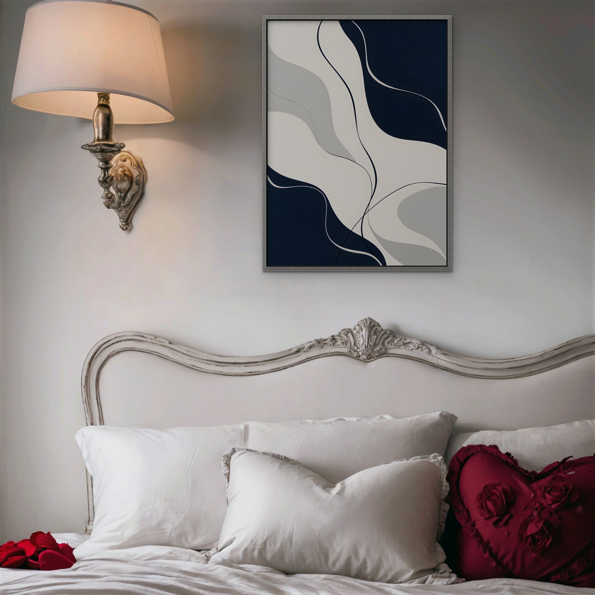 Navy Flow Canvas Art - Vertical – Silver Floating Frame in room setting