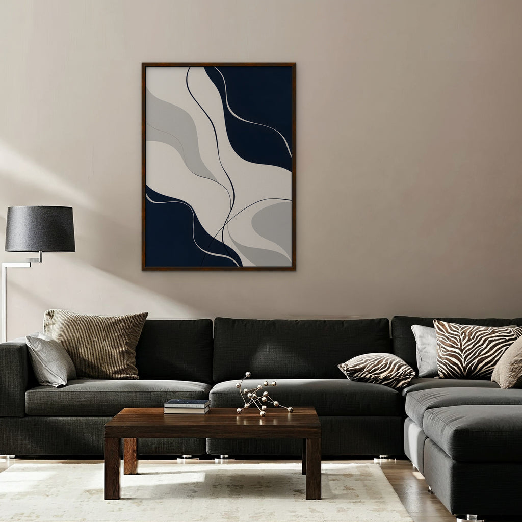 Navy Flow Canvas Art - Vertical – Walnut Floating Frame in room setting