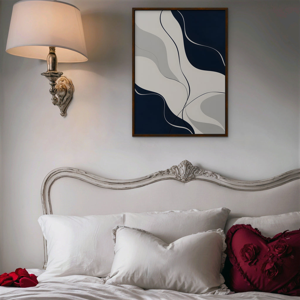 Navy Flow Canvas Art - Vertical – Walnut Floating Frame in room setting