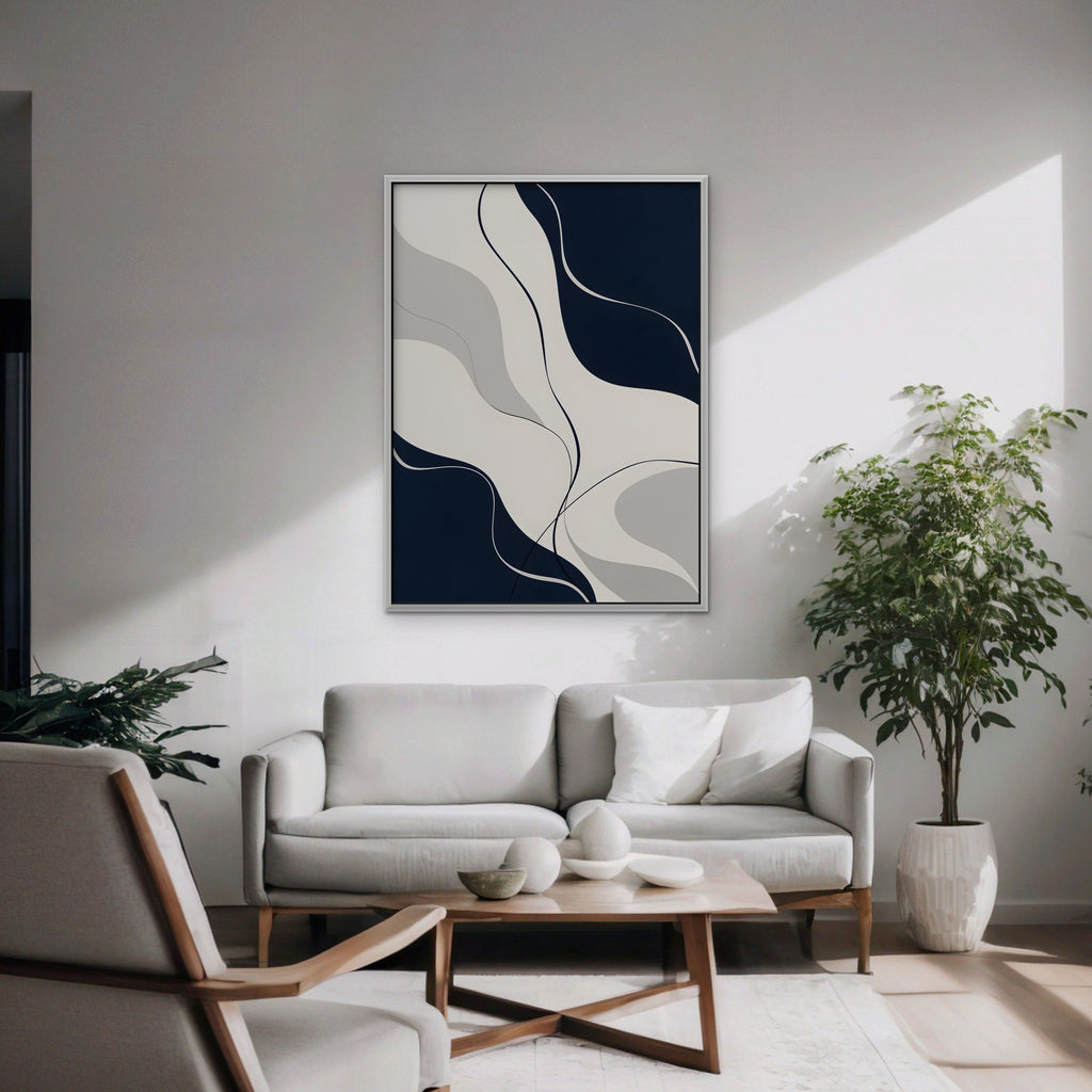 Navy Flow Canvas Art - Vertical – White Floating Frame in room setting