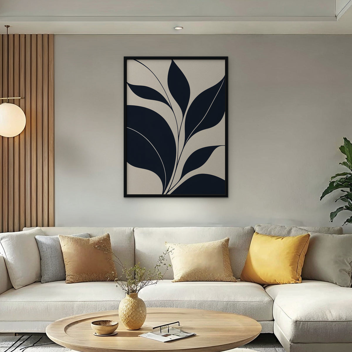 Navy Leaf Stems Canvas Art - Vertical – Black Floating Frame in room setting