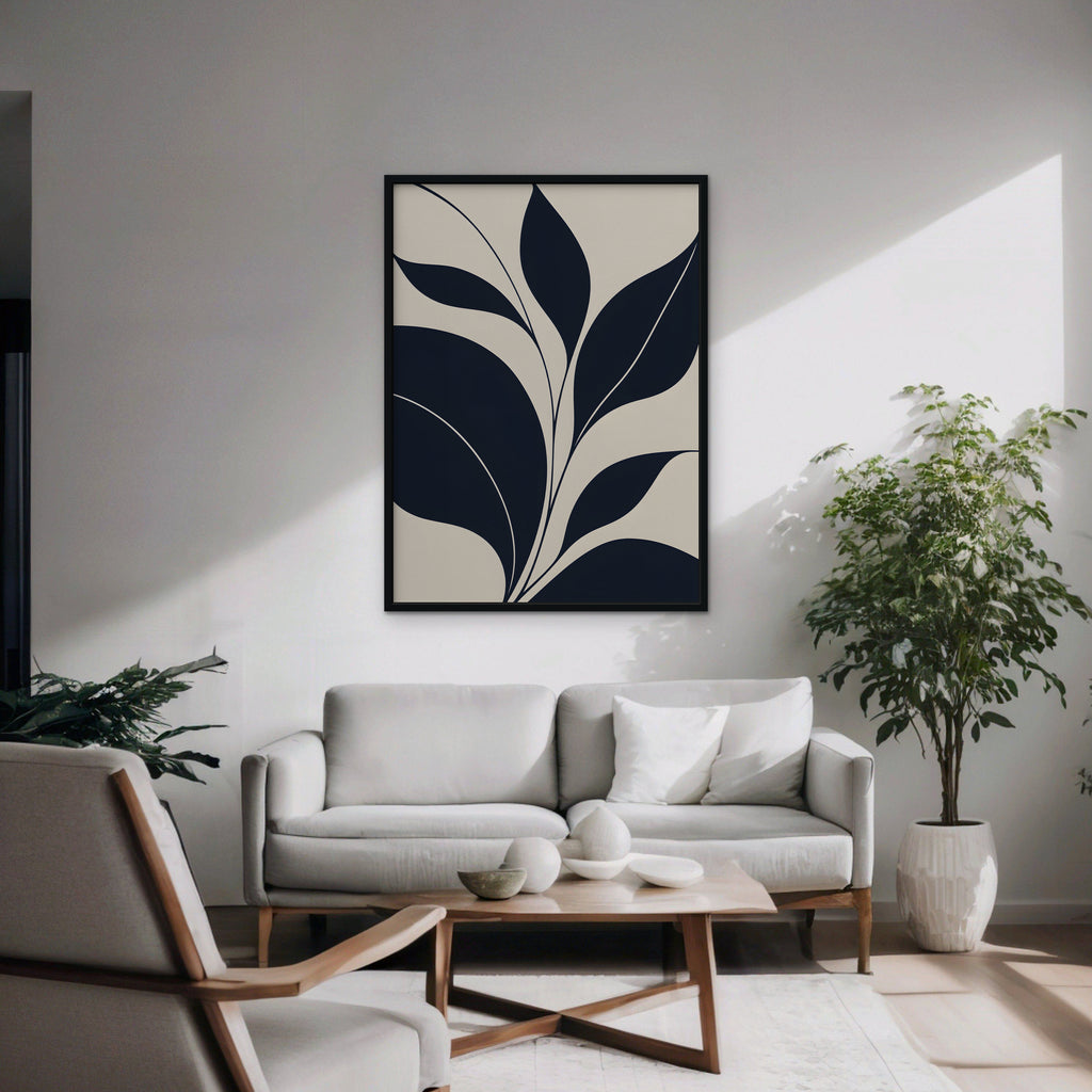 Navy Leaf Stems Canvas Art - Vertical – Black Floating Frame in room setting