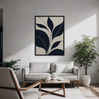 Navy Leaf Stems Canvas Art - Vertical – Black Floating Frame in room setting