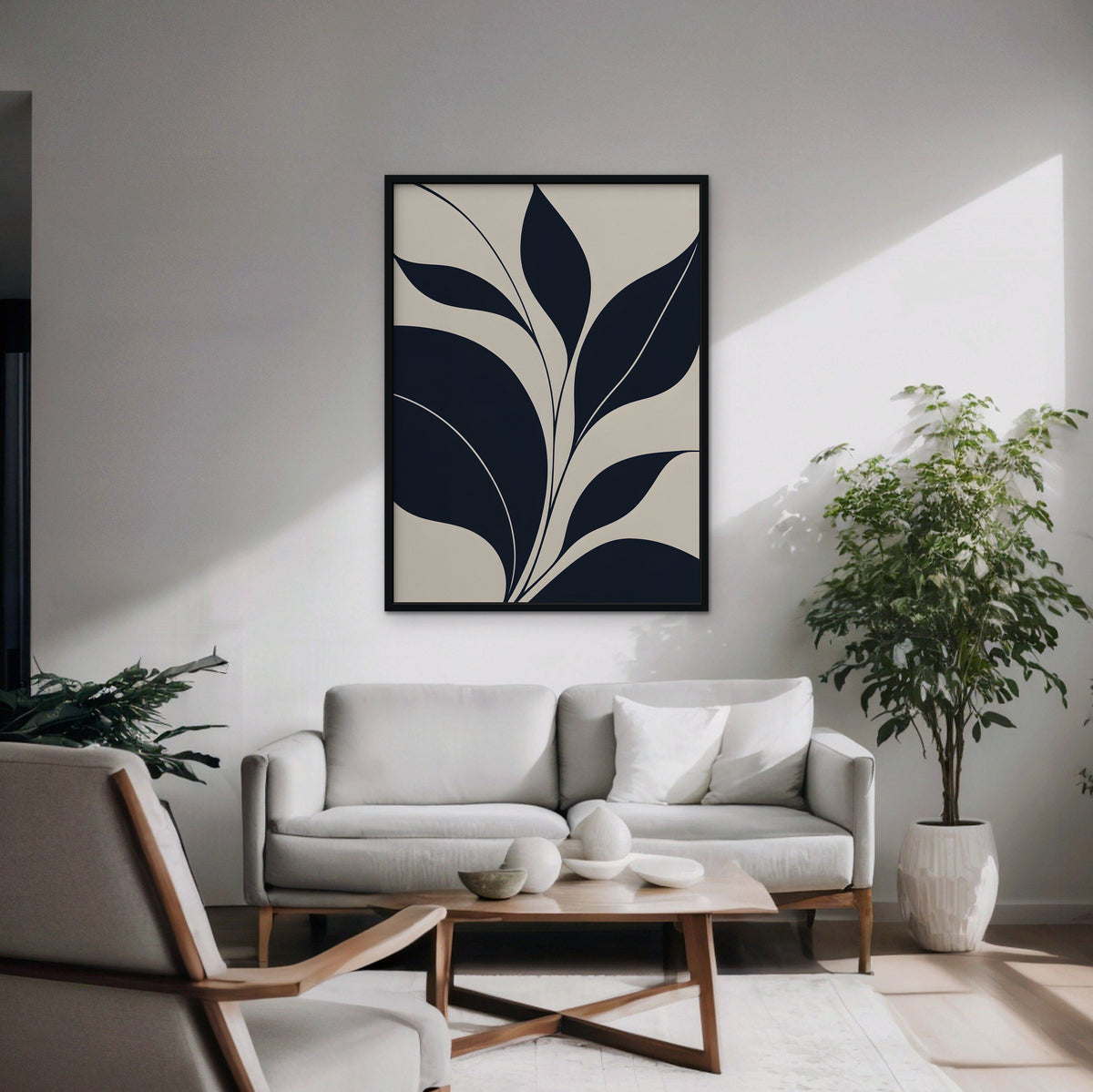 Navy Leaf Stems Canvas Art - Vertical – Black Floating Frame in room setting