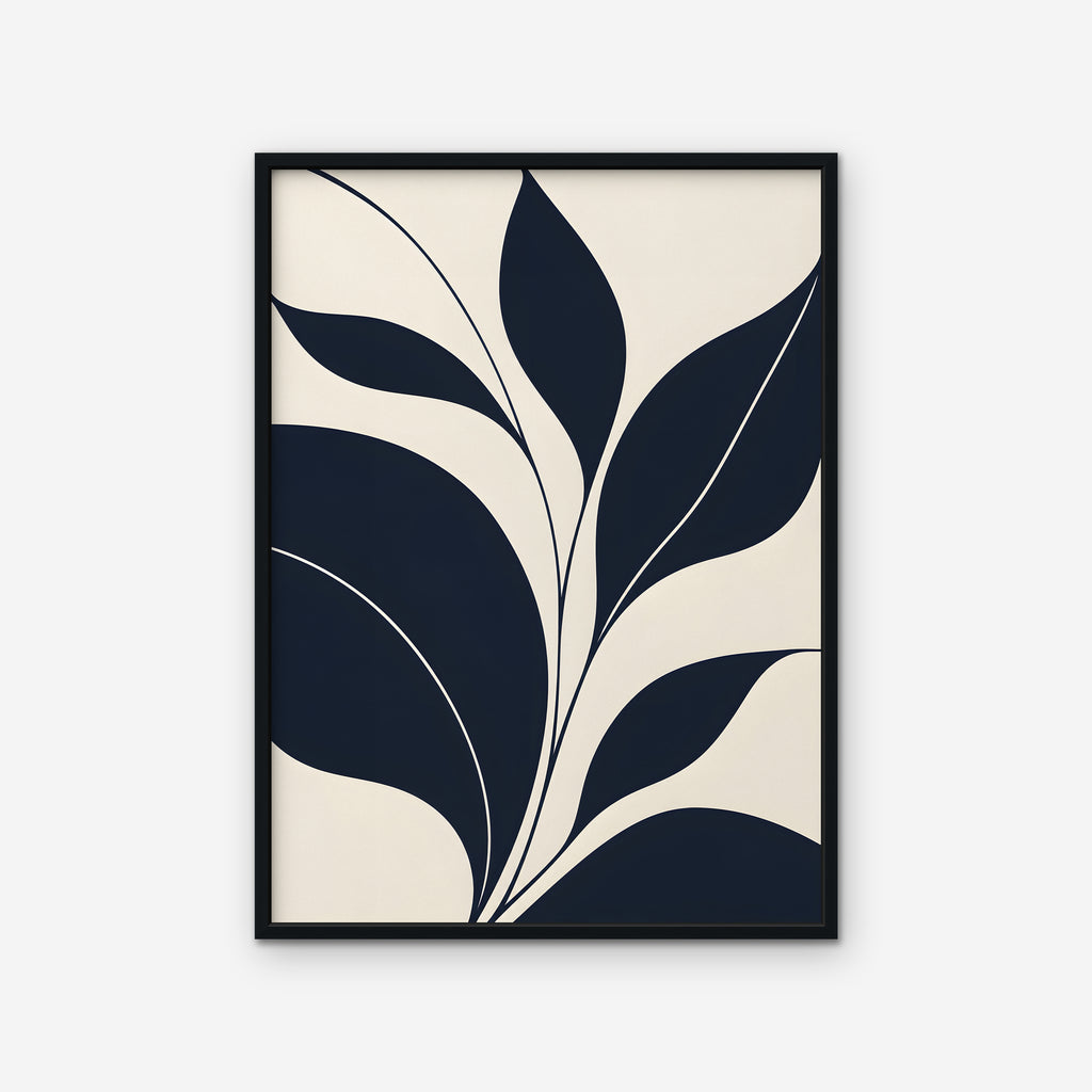Navy Leaf Stems Canvas Art - Vertical – Black Floating Frame on white background