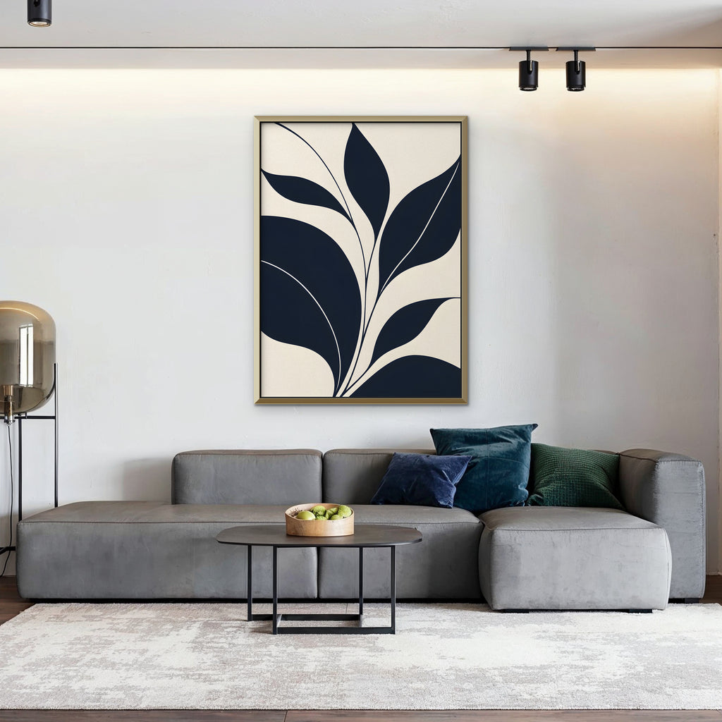 Navy Leaf Stems Canvas Art - Vertical – Gold Floating Frame in room setting