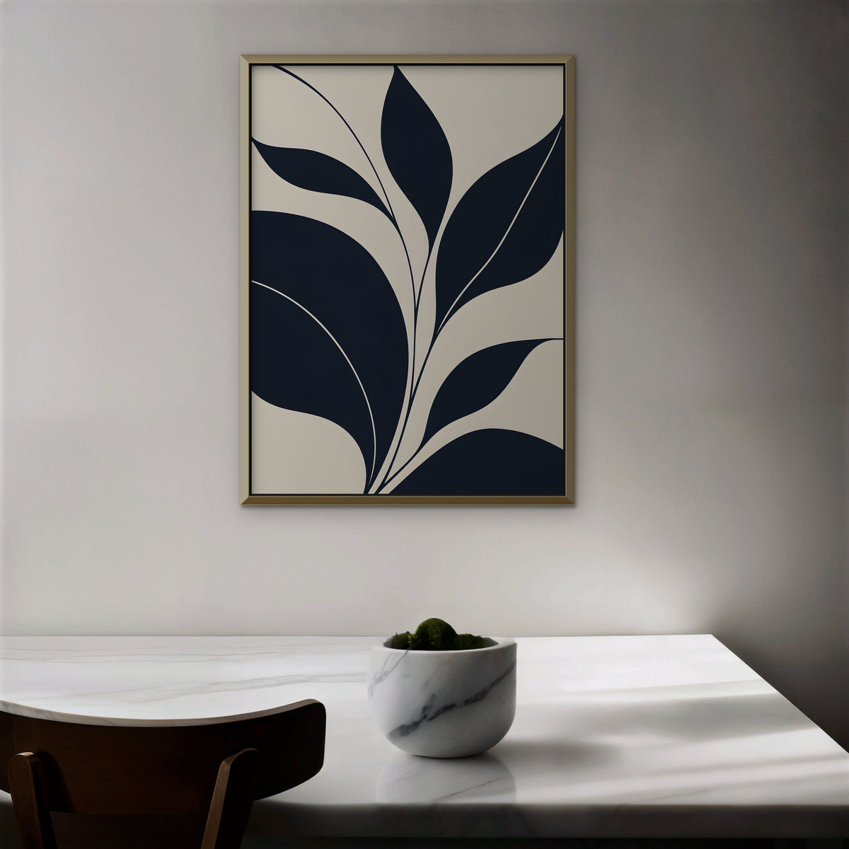 Navy Leaf Stems Canvas Art - Vertical – Gold Floating Frame in room setting