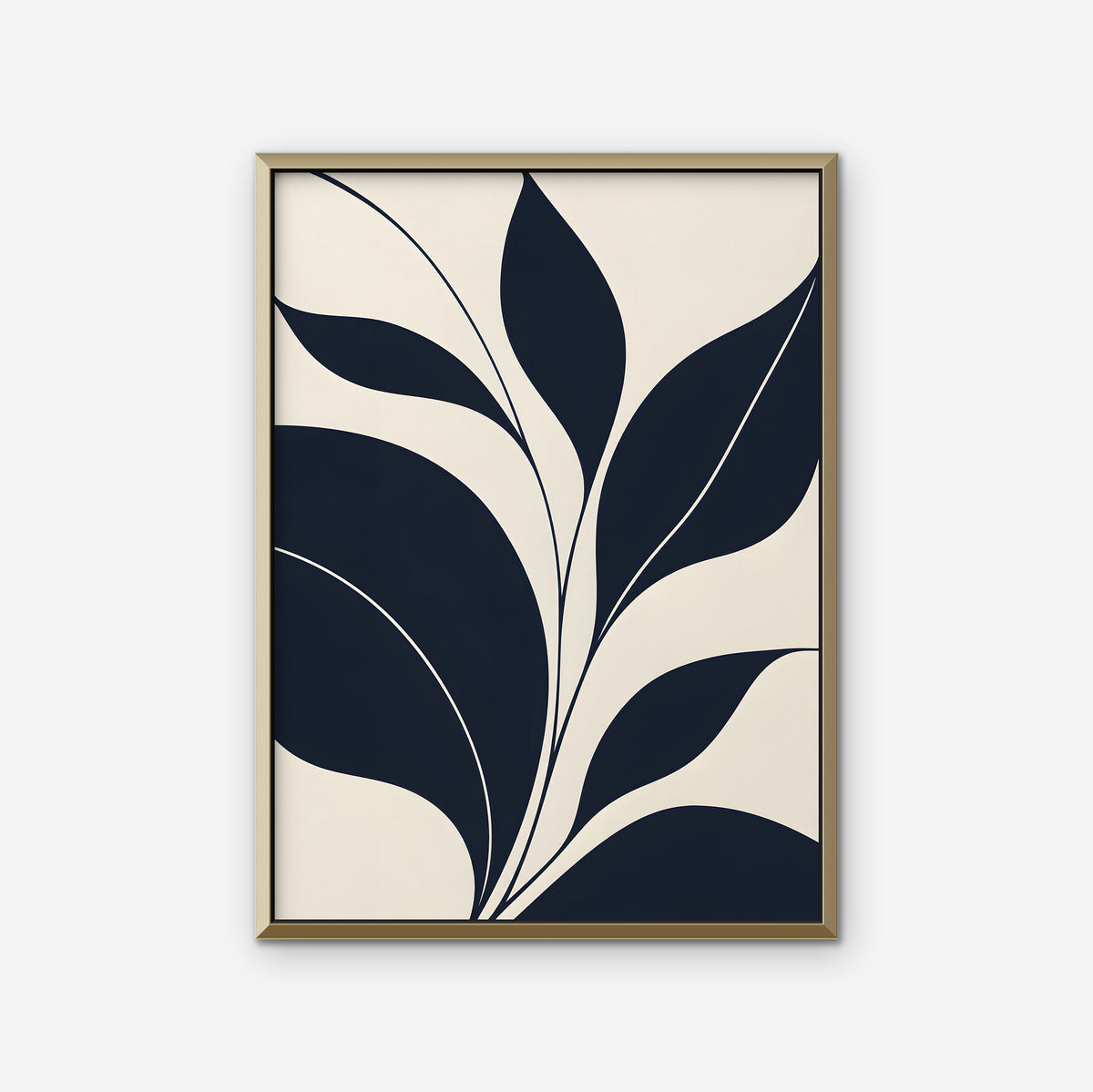 Navy Leaf Stems Canvas Art - Vertical – Gold Floating Frame on white background