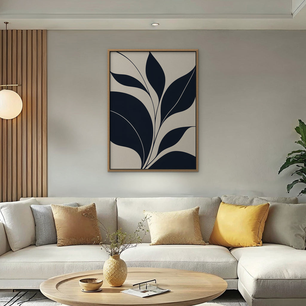 Navy Leaf Stems Canvas Art - Vertical – Oak Floating Frame in room setting