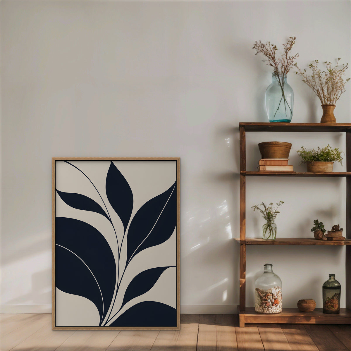 Navy Leaf Stems Canvas Art - Vertical – Oak Floating Frame in room setting