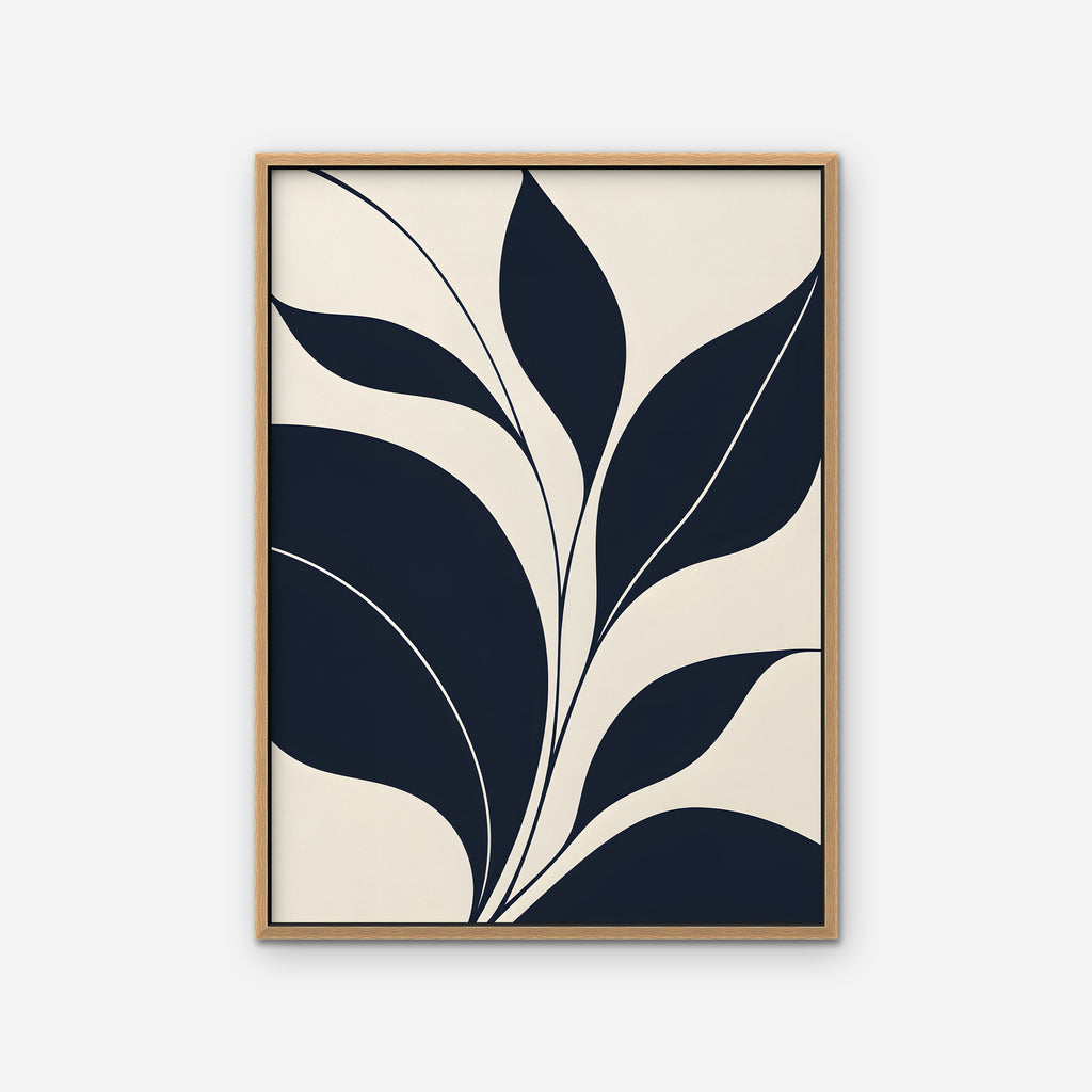 Navy Leaf Stems Canvas Art - Vertical – Oak Floating Frame on white background