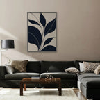 Navy Leaf Stems Canvas Art - Vertical – Silver Floating Frame in room setting