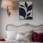 Navy Leaf Stems Canvas Art - Vertical – Silver Floating Frame in room setting