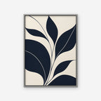 Navy Leaf Stems Canvas Art - Vertical – Silver Floating Frame on white background