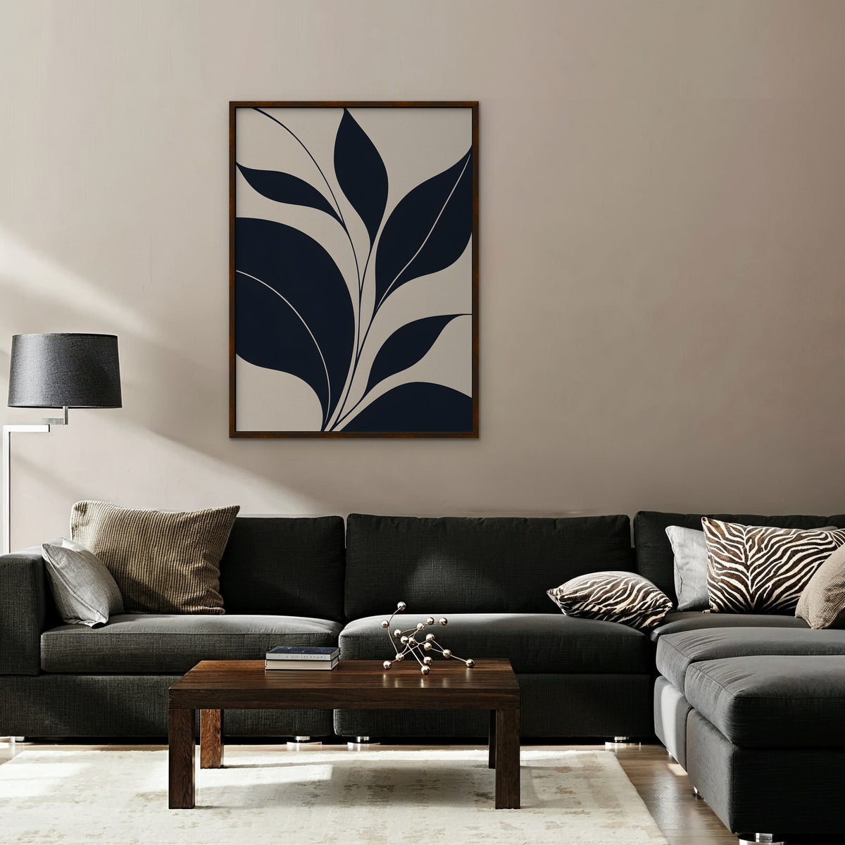 Navy Leaf Stems Canvas Art - Vertical – Walnut Floating Frame in room setting
