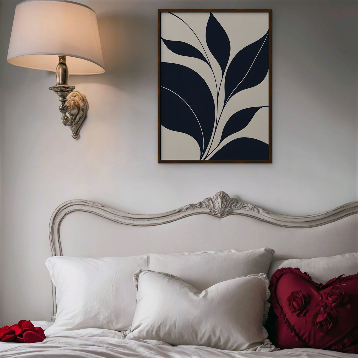 Navy Leaf Stems Canvas Art - Vertical – Walnut Floating Frame in room setting