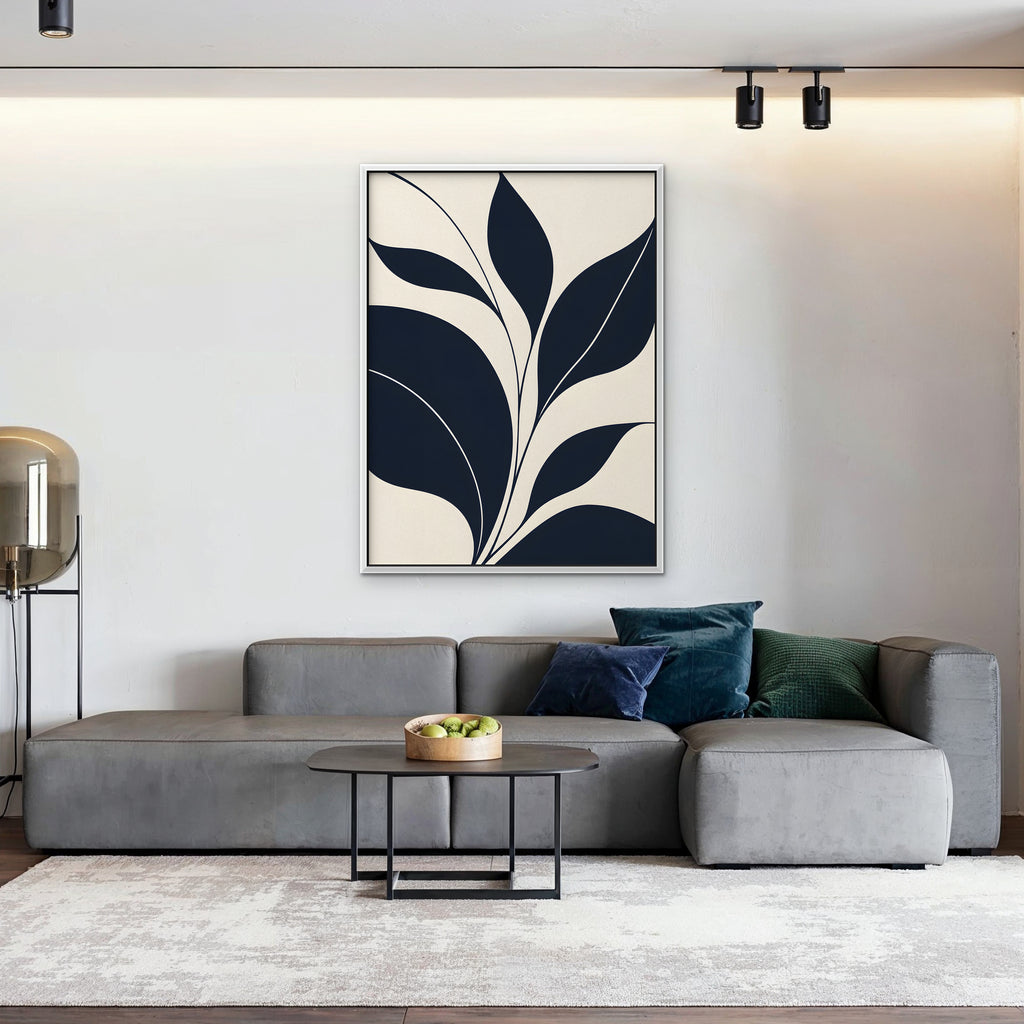 Navy Leaf Stems Canvas Art - Vertical – White Floating Frame in room setting