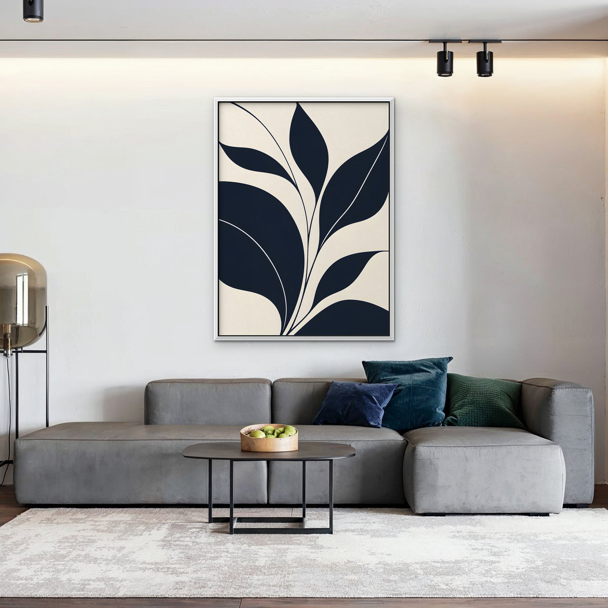 Navy Leaf Stems Canvas Art - Vertical – White Floating Frame in room setting