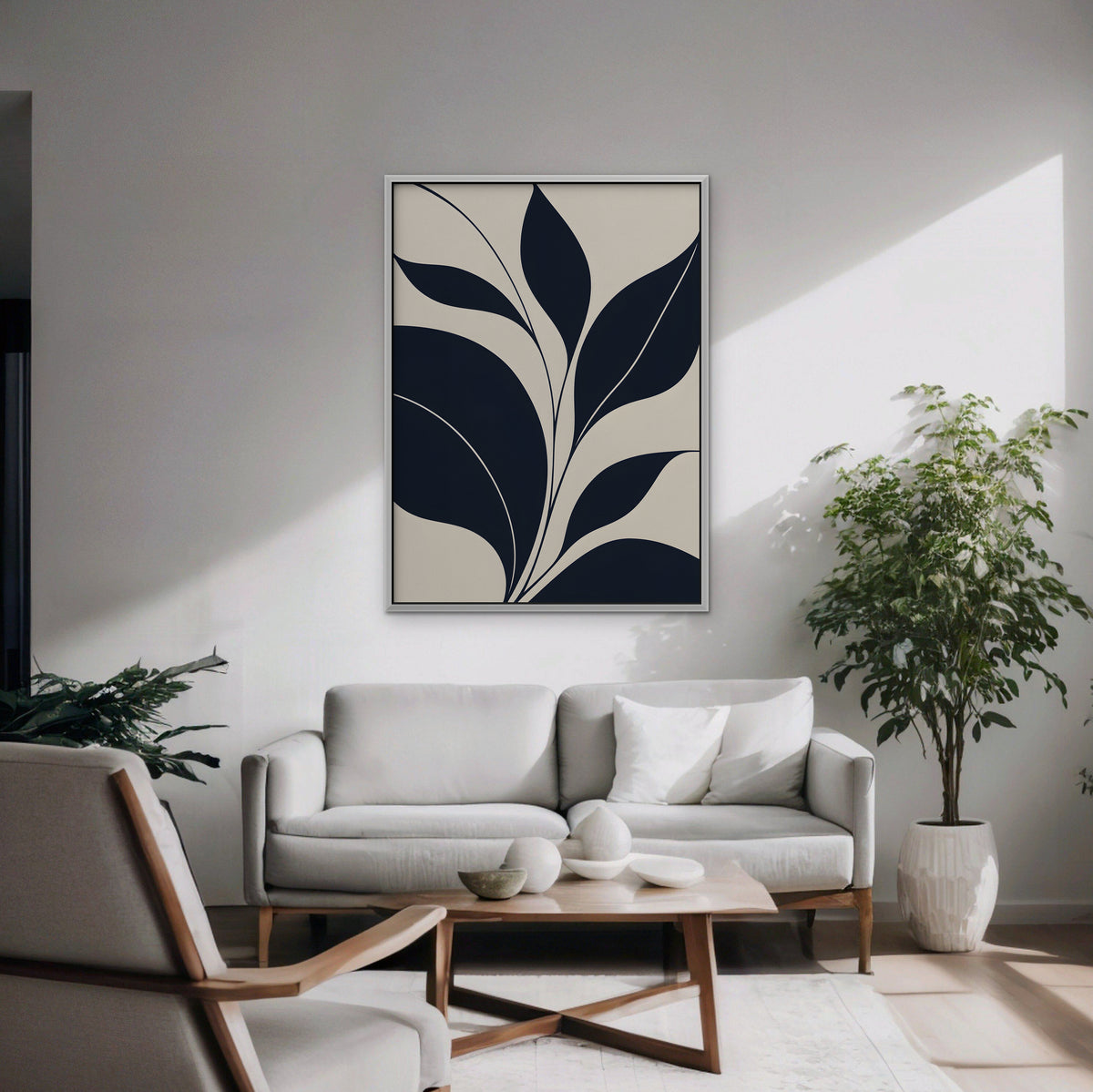 Navy Leaf Stems Canvas Art - Vertical – White Floating Frame in room setting