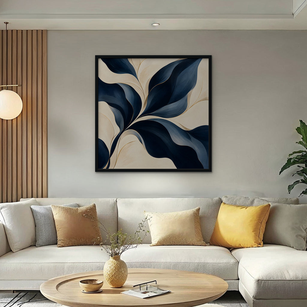 Navy Leaf Sweep Canvas Art - Square – Black Floating Frame in room setting