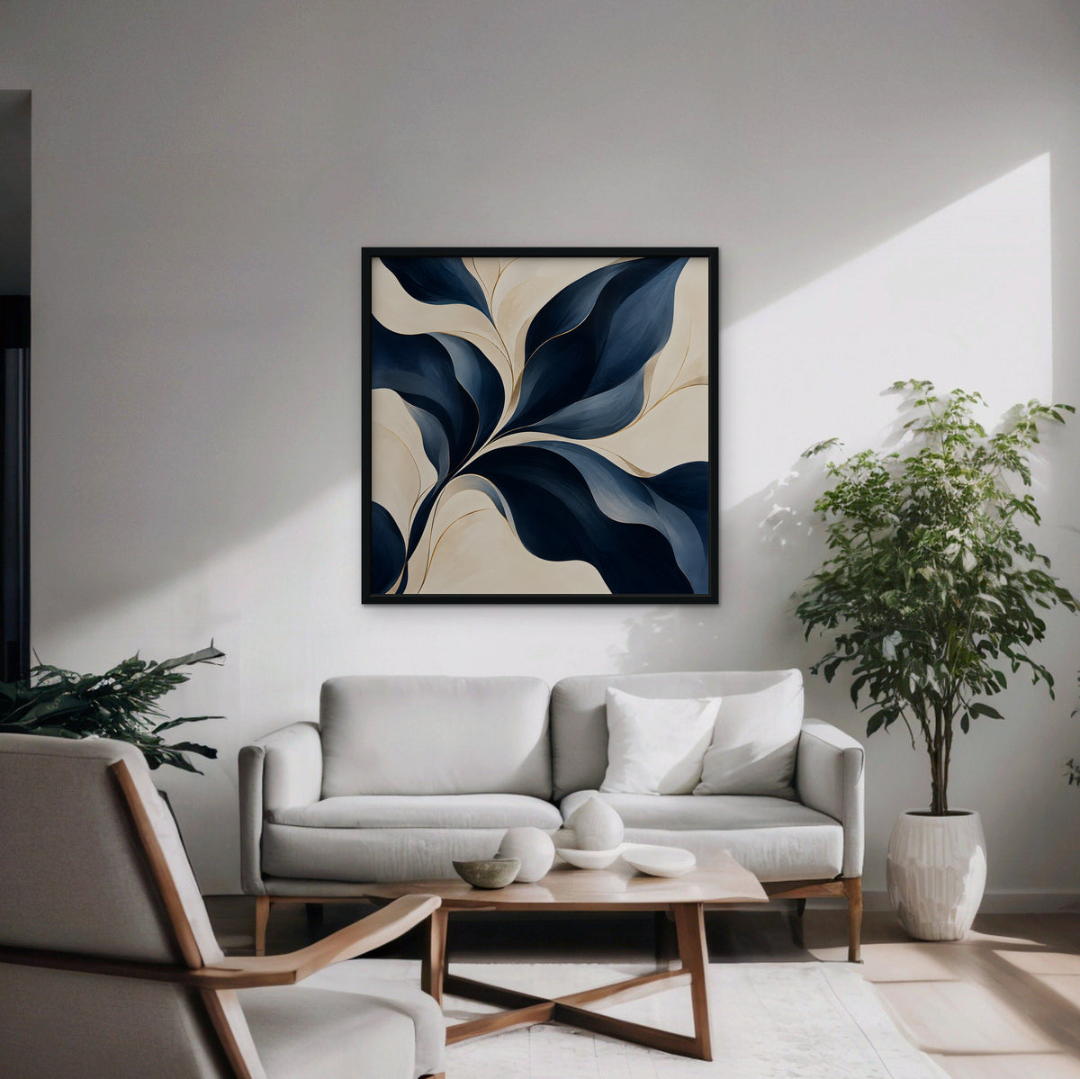 Navy Leaf Sweep Canvas Art - Square – Black Floating Frame in room setting