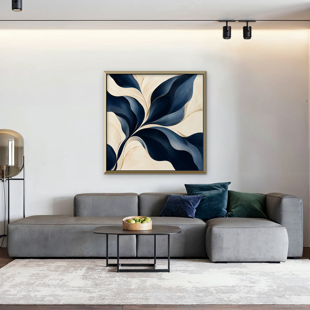Navy Leaf Sweep Canvas Art - Square – Gold Floating Frame in room setting