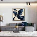 Navy Leaf Sweep Canvas Art - Square – Gold Floating Frame in room setting