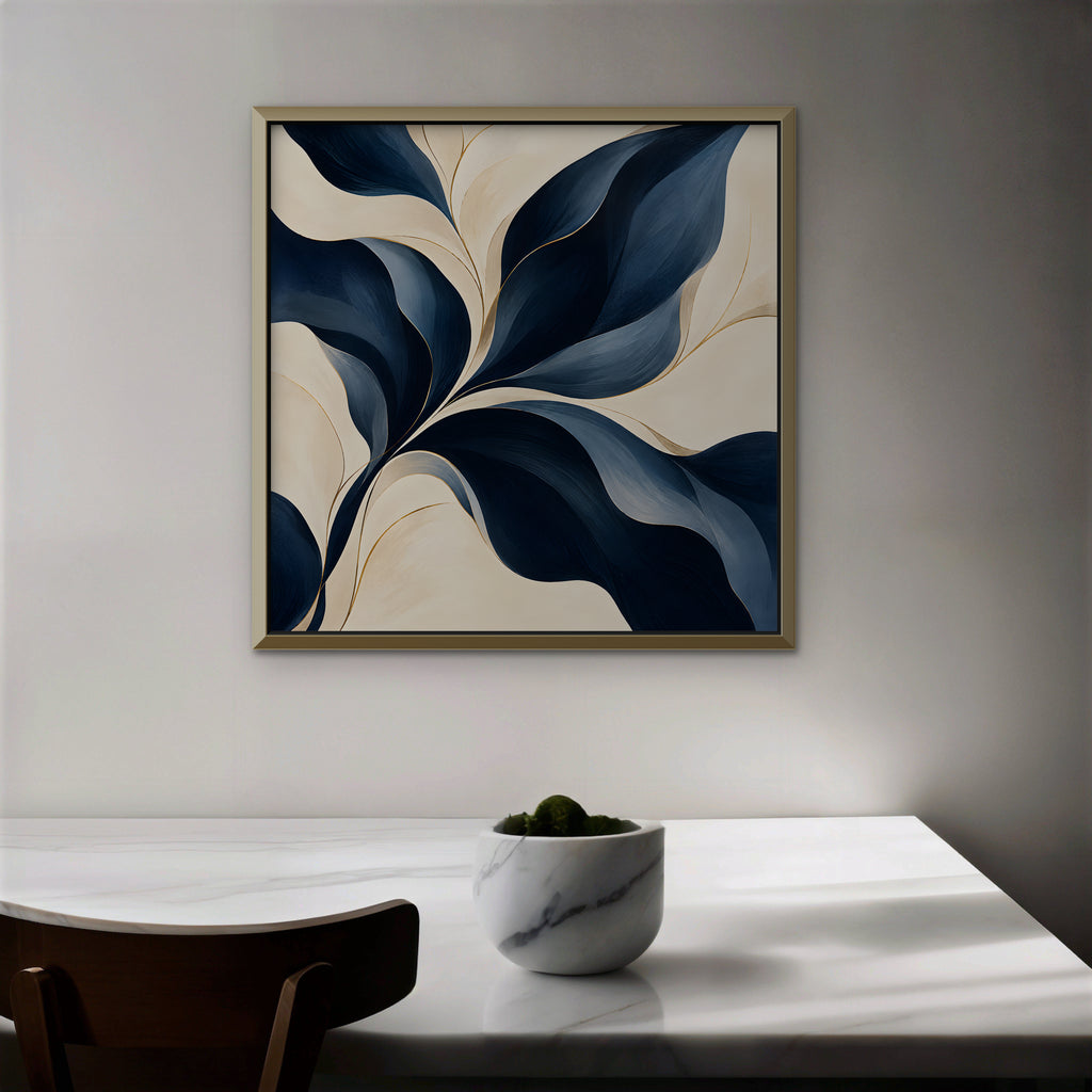 Navy Leaf Sweep Canvas Art - Square – Gold Floating Frame in room setting
