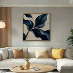 Navy Leaf Sweep Canvas Art - Square – Oak Floating Frame in room setting
