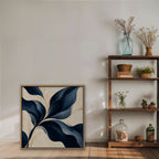 Navy Leaf Sweep Canvas Art - Square – Oak Floating Frame in room setting