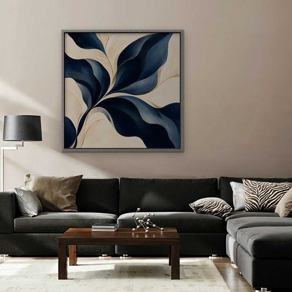 Navy Leaf Sweep Canvas Art - Square – Silver Floating Frame in room setting