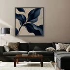 Navy Leaf Sweep Canvas Art - Square – Silver Floating Frame in room setting
