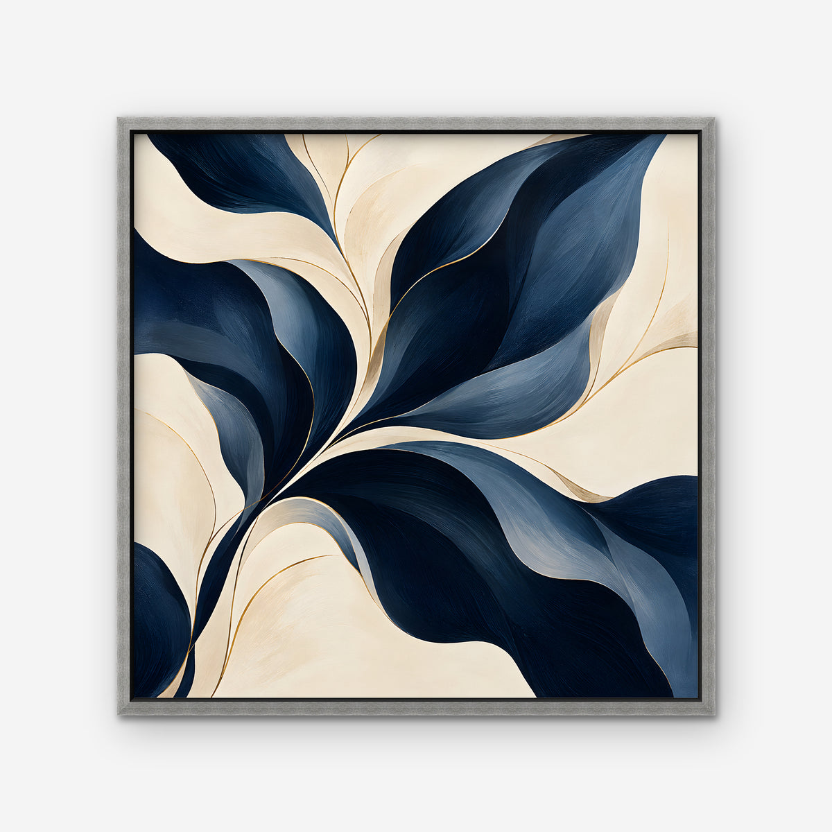 Navy Leaf Sweep Canvas Art - Square – Silver Floating Frame on white background