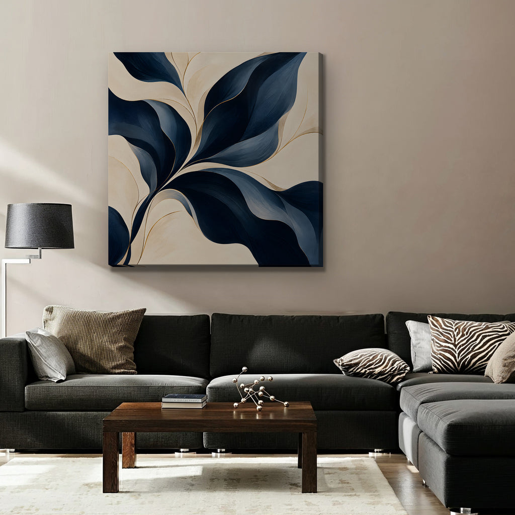 Navy Leaf Sweep Canvas Art - Square – Stretched Canvas Only in room setting